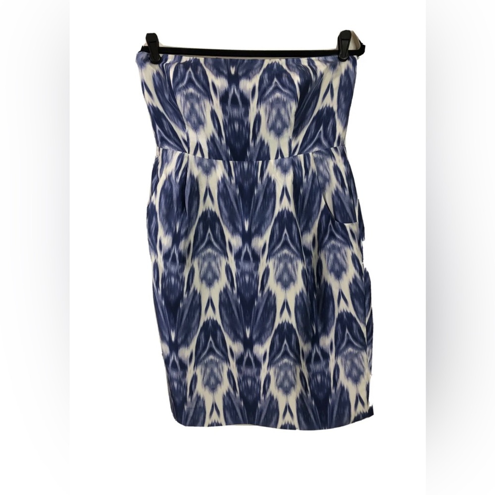 JCrew Collection Silk Ikat blue strapless dress size 2
